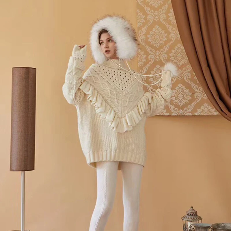 KIYUMI Urban Gypsy свитер женский с оборками оверсайз зимний теплый свитер для женщин толстый Водолазка с длинными рукавами свитера бежевого цвета