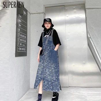 

SuperAen Sleeveless Denim Dress Women 2020 Spring and Summer Wild Ladies Dress Fashion Pluz Size Print Women Clothing