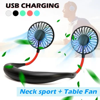 

Mini Hand Free small fan battery mini portable fan with colorful lights two fans Hanging around the neck for sport
