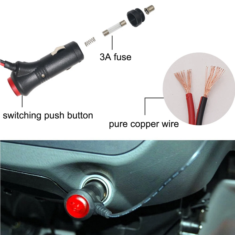 ONKAR Автомобиль Мотоцикл/мотоцикл 12 V-24 V пробки прикуривателя Питание кабель для подключения адаптера с кнопка включения лампы Встроенный 5A предохранитель