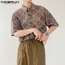 

Short Sleeve Turn Down Collar Blouse INCERUN 2021 Summer Printed Men Shirts Man Vintage Button Camisa Loose Pockets Blusas S-5XL