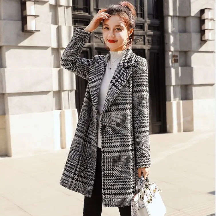 2020 New Winter Women Wool Blends Casual Jacket Plaid Trench Coat Elegant Slim Thick Outerwear Cardigan Female Cashmere Overcoat