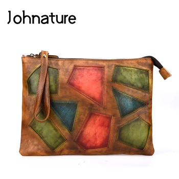 

Johnature Retro Ladies Hand Bags Shoulder Luxury Envelope Bag 2020 New First Layer Cow Leather Panelled Women Large Clutch Bags