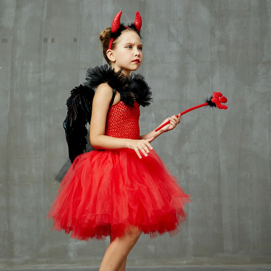 Wicked Red Devil Girls Tutu Dress Kids Halloween Cosplay Carnival Party Costume Handmade Tulle Children Fancy Satan Demon Dress (9)