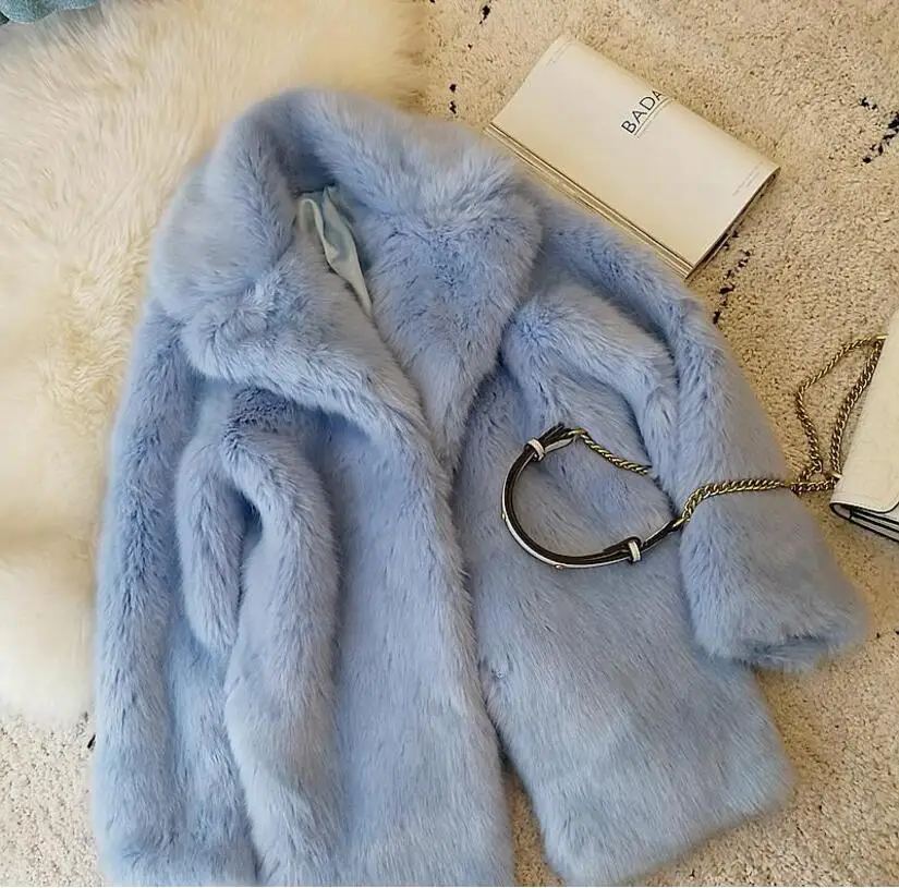 Sunimperial light blue shaggy women faux fur jacket mid length coat