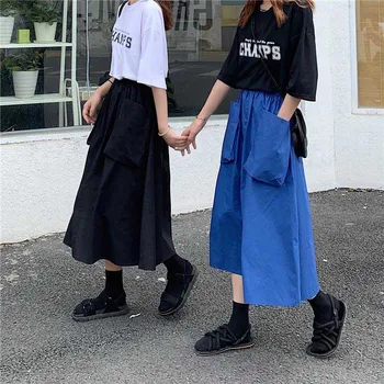 

NiceMix 2019 Harajuku Summer Long Skirts Womens High Waist Big Pockets Cargo Skirt harajuku Plus Size Blue Black Skirt faldas ju