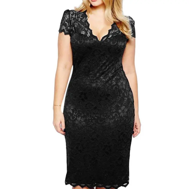 

Women Sexy Dress Hollow V-neck Lace Dresses High Waist Short Sleeve Summer Dress