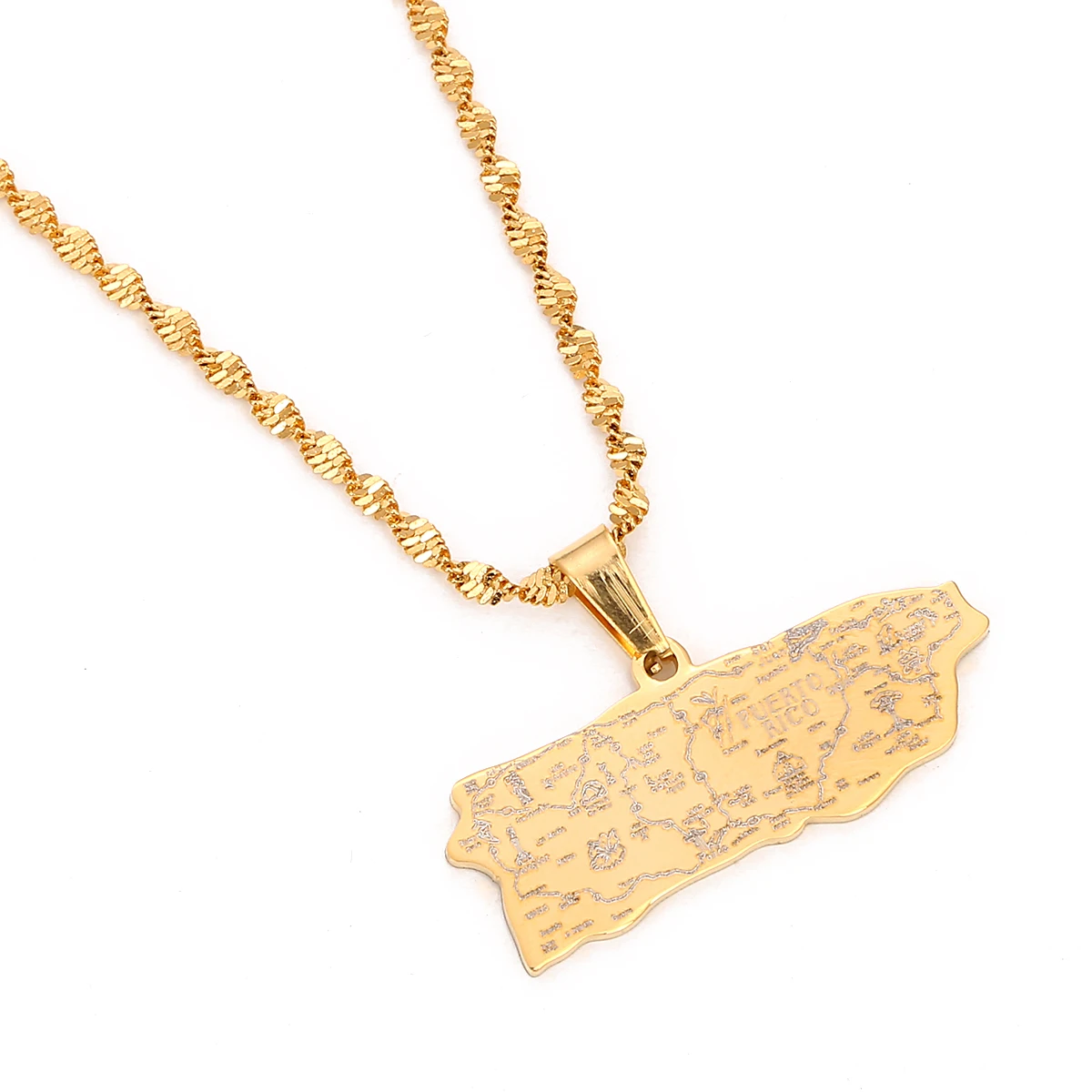Gold Silver Color Stainless Steel Country Puerto Rico Ricans Map Pendant Necklaces Charm Chain
