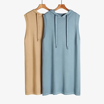 

Hooded Knitted Vest Top Sleeveless Large Size Loose Outer Wear Autumn Winter Mid-length Sweater Dress