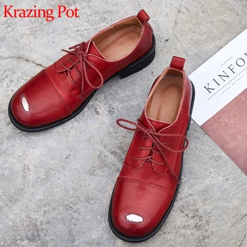 

Krazing Pot fashion cow leather vintage design mixed color med heel round toe shredded hole decoration neutral winter pumps L25