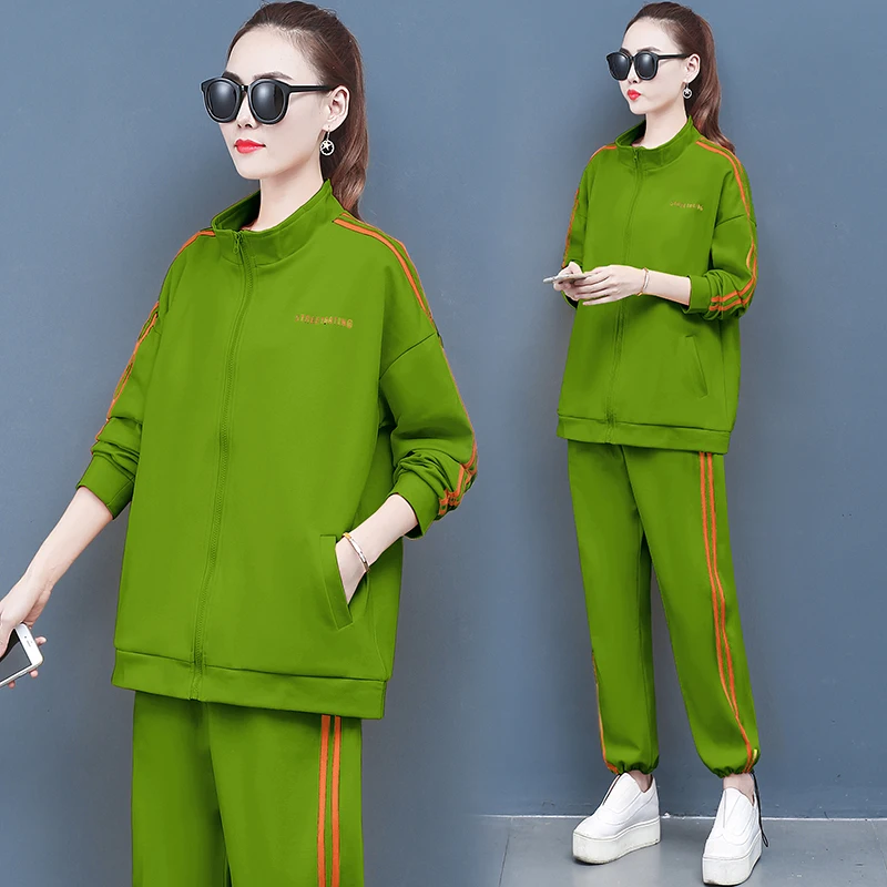 

2019 Autumn Stripe Tracksuit Long Sleeve Hoodies Outfits Two Piece Set Zipper Jacket Sweatshirts+Pants Big size Clothing Sets