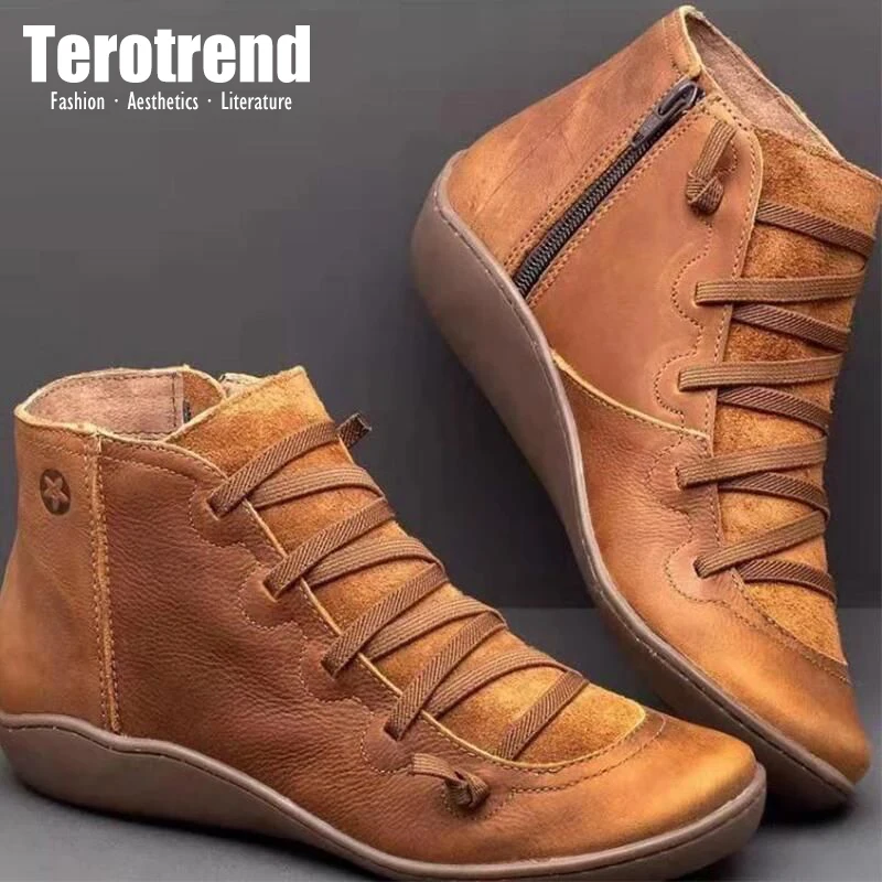 Womens Boots Ankle Socofy Leather Lace Up Booties Womens Big Size Cross Strap Flats Winter 2019 Boots Fall Women Shoes Short