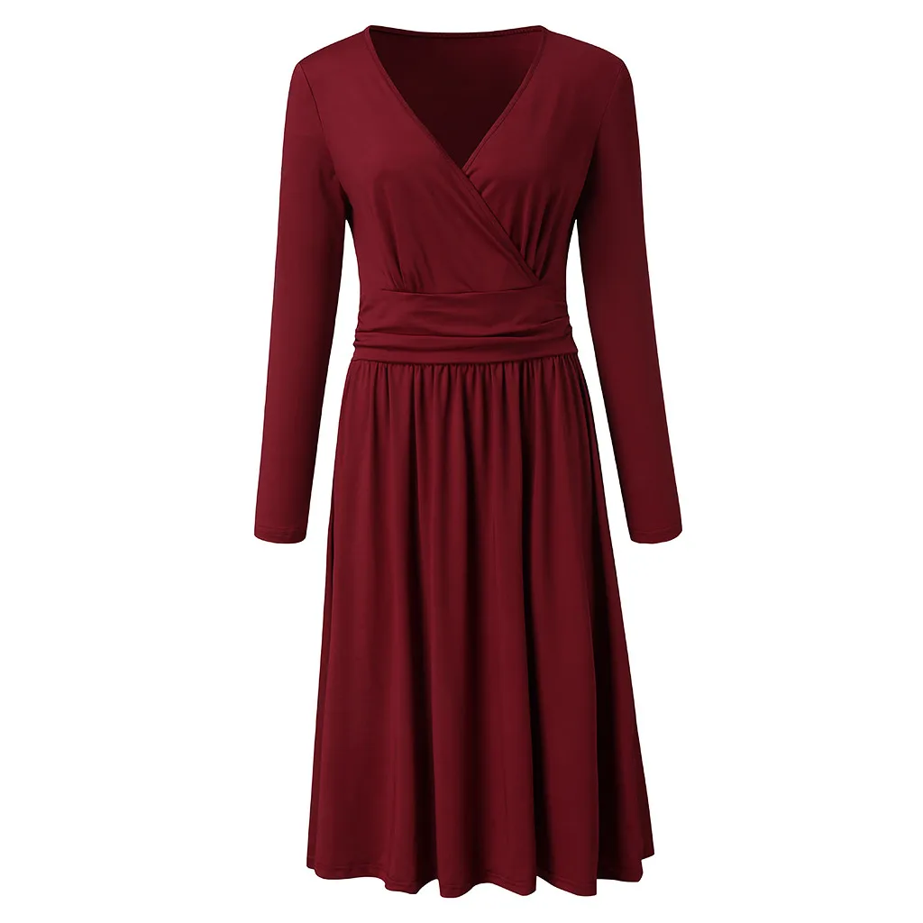Женское повседневное платье, Осень-зима, длинный рукав, длина до колена, v-образный вырез, платья для женщин, элегантные, одноцветные, вечерние, ночные платья# TT