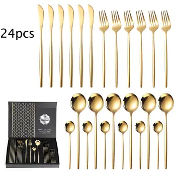 

24PCs Gold Dinnerware Set Stainless Steel Tableware Set Knife Fork Spoon Flatware Set Silverware Cutlery Set Kitchen Accessories