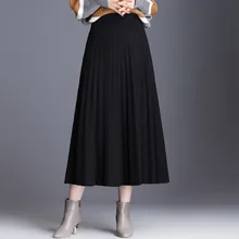 OMIKRON Новая модная Осенняя Женская эластичная трикотажная однотонная плиссированная юбка с высокой талией повседневные миди юбки зимняя черная юбка трапециевидной формы