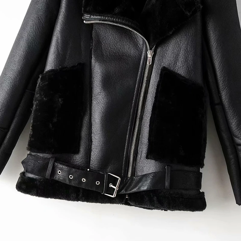 Fitaylor зимняя женская теплая искусственная кожа ягненка шерсть Меховая куртка Верхняя одежда отложной воротник свободный черный мото молния верхняя одежда