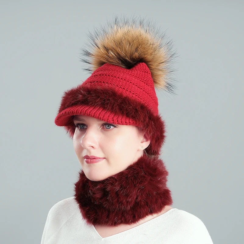 

Autumn and winter hat brim woolen hat cap duck tongue hat real raccoon fur ball rabbit fur ear protection hat scarf set
