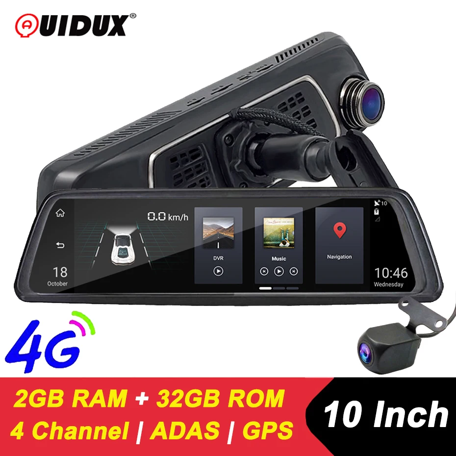 QUIDUX 10\ 4G Car rear view mirror DVR Android GPS Navigation ADAS Full HD 1080P Video Camera Recorder Dual lens with bracket