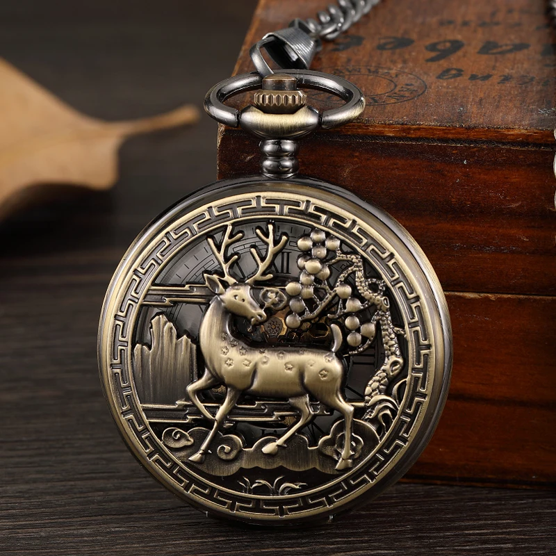 

Hollow Deer Skeleton Mechanical Pocket Watch Double Open Cover Fob Chain Christmas Gift Men Steampunk Pendant Gifts Women