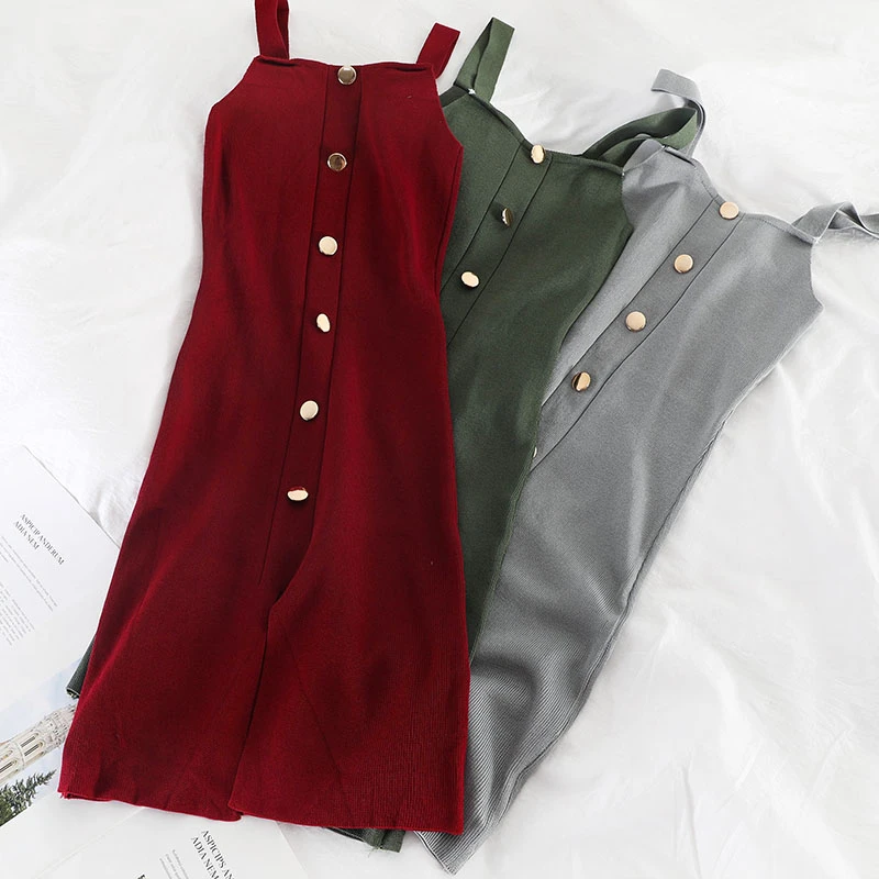 

Chic Women Knit Dress Fashion Spaghetti Strap Solid Button Ladies Dress Summer Casual A-Line Knitting Female Knee Length Dress