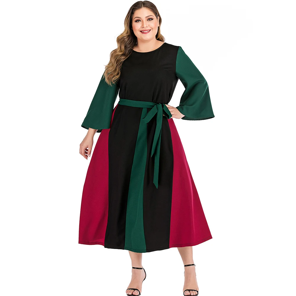 

Fadzeco Autumn Women Plus Size Dress Fashion Long Sleeve Color Block Women Maxi Dress Casual Loose Party Dress