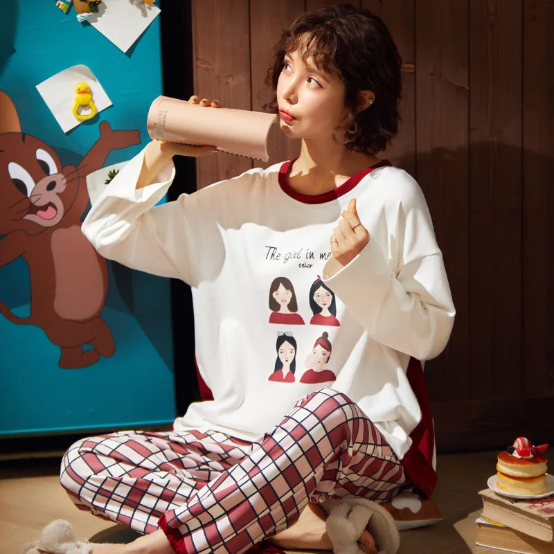 

Pajamas Female Spring and Autumn Long Sleeve Trousers Korean-style Women's Sweet and Lovely Thin out Tracksuit Two-Piece Suit Kn