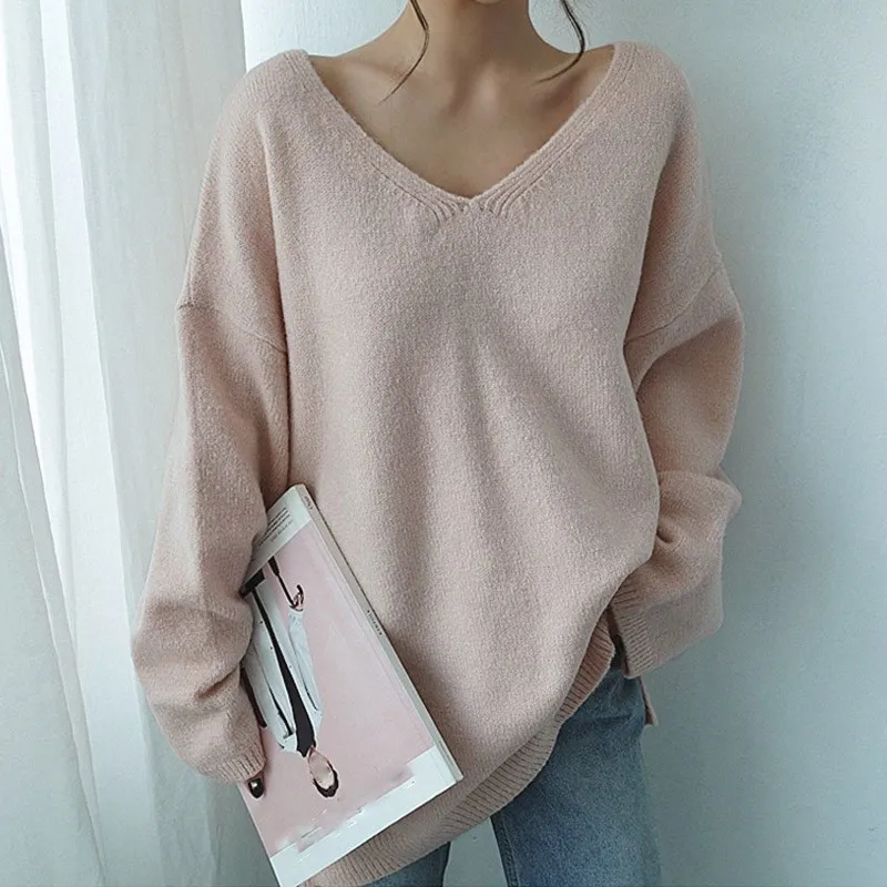 

Fall Casual V-Neck Solid Plus Size Sweaters Pullovers Minimalist Long Sleeve Loose Sweaters Korean Style Knitted Sweaters