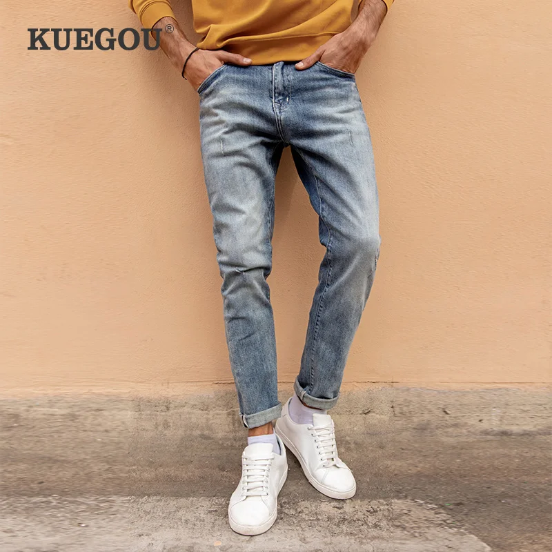 Men Pants Man Jeans Cotton KUEGOU Trousers Clothing Spring Slim Stretchy Vintage Denim