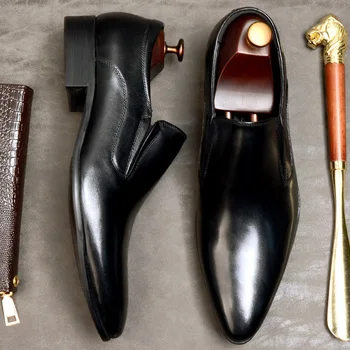 

New Men Formal Shoes Genuine Cow Leather Rubber Slip On Pointed Toe Black Wine Red Oxford Shoes For Men Dress Shoes Eu 46