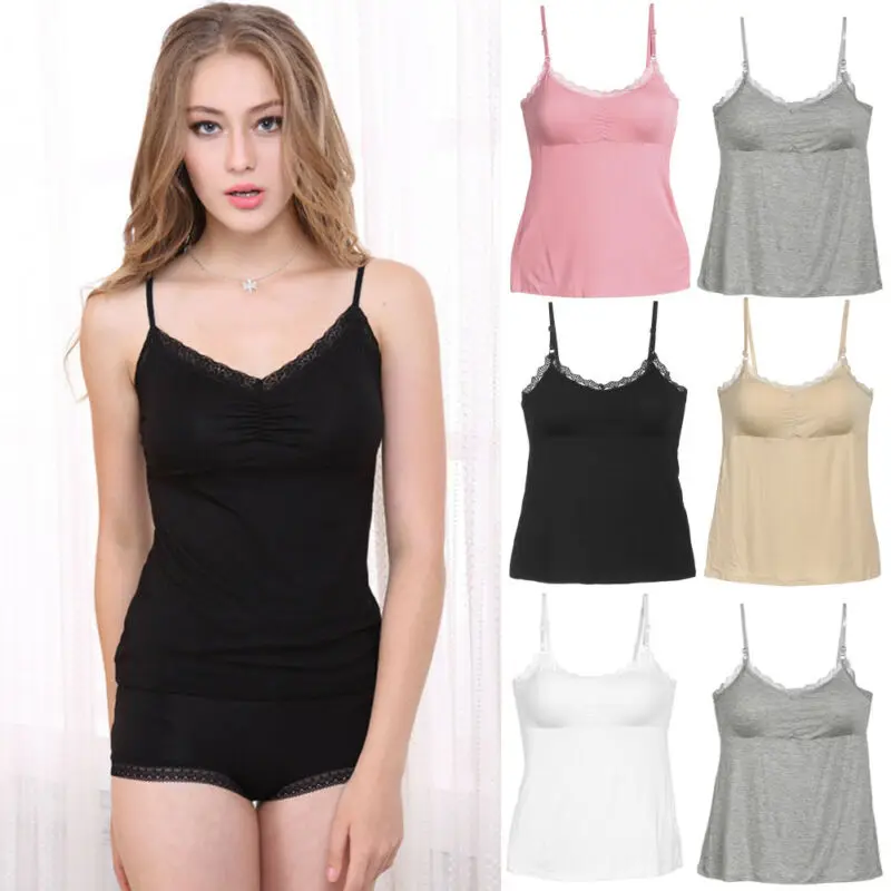 Women Ladies Sexy Plain Cotton Top Lace Trim Neck Designer Solid