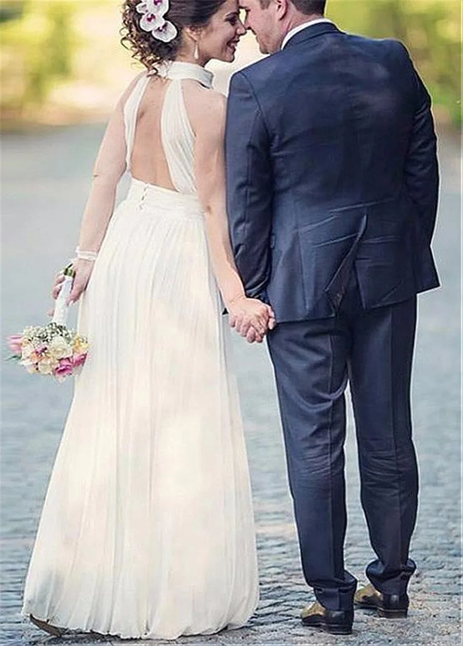 Flowing-Chiffon-Halter-Neckline-A-Line-Wedding-Dresses-Open-Back-Floor-Length-Ruched-Waistline-Bridal-Dress (1)