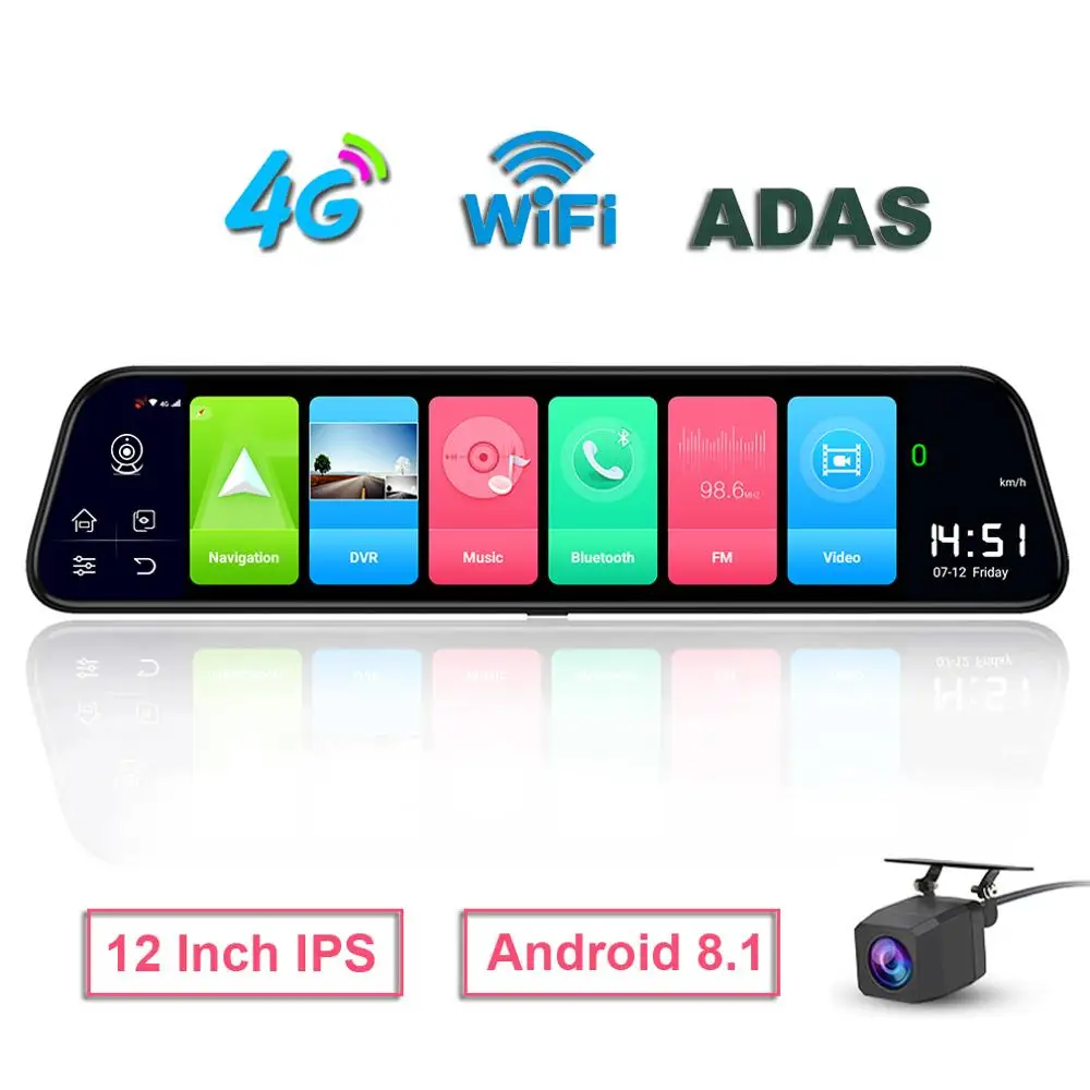 Видеорегистратор автомобильный 4G ADAS 12 дюймов Android 8 1 зеркало заднего