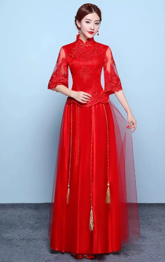 Красный китайский стиль Леди Cheongsam вышивка Тан Костюм Длинный Элегантный Костюм Восточный Vestidso Винтаж невесты свадьба Qipao - Цвет: Красный