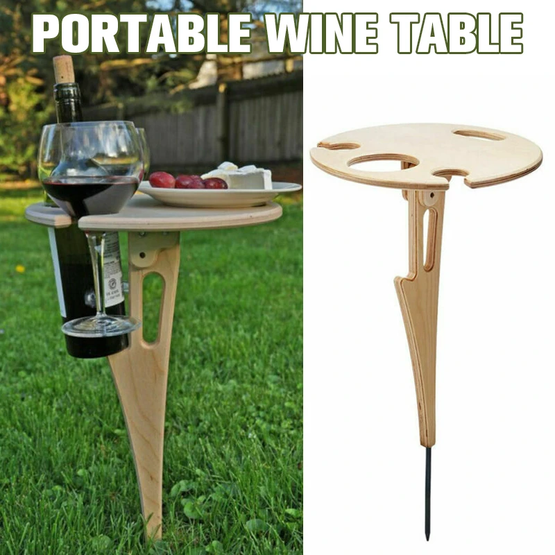 Outdoor Wine Table Foldable Round Desktop Mini Wooden Picnic Table Wine Rack Bar Tools