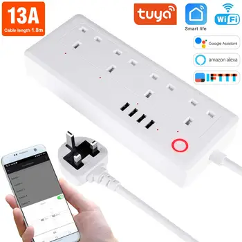 

UK Smart Power Strip with 4 Socket 4USB Port for Smart Life APP Remote control Alexa Google Home Voice Control wifi Smart socket