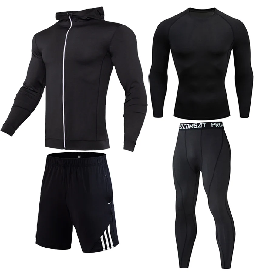Мужская компрессионная Спортивная одежда для спортзала, сухой спортивный костюм, термобелье, спортивный костюм, колготки, Рашгард, Мужская одежда для бега - Цвет: black 4-piece suit