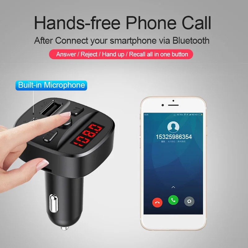 Автомобильный комплект JaJaBor Bluetooth 5,0, беспроводной fm-передатчик, громкая связь, A2DP, воспроизведение музыки, двойной USB, автомобильное зарядное устройство, поддержка TF карты, U диск