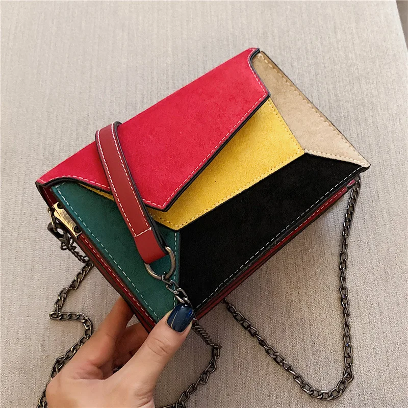 

new all-match frosted small square bag stitching contrast color single shoulder messenger chain bag western style female bag