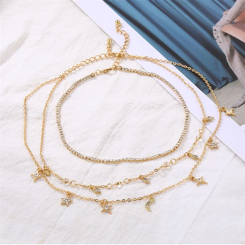 New Multilayer Crystal Moon Necklaces & Pendants For Women Vintage Charm Gold Star Choker Necklace 2019 Bohemian Jewelry Gift
