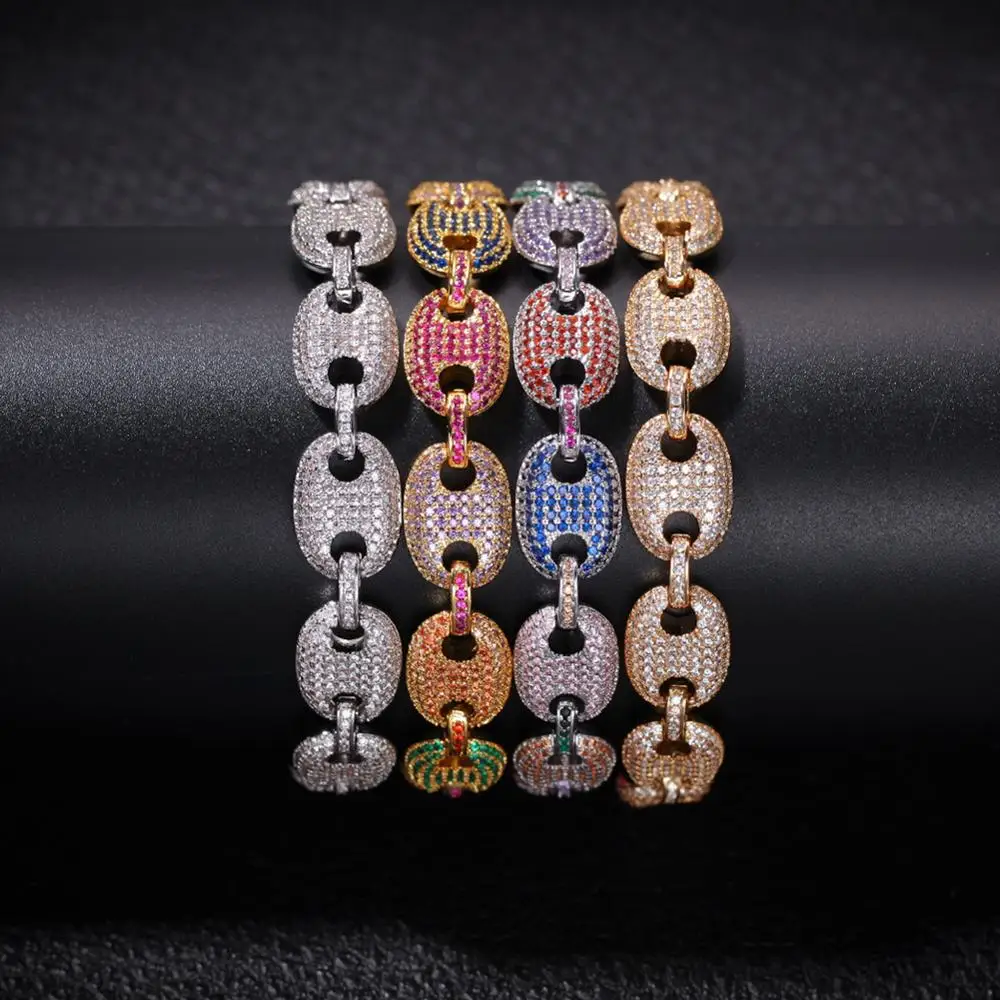 Хип-хоп AAA+ CZ циркон проложили лед из твердых кофейных бобов, воздушные морские звенья цепи браслеты для мужчин и женщин Bling Rapper ювелирные изделия