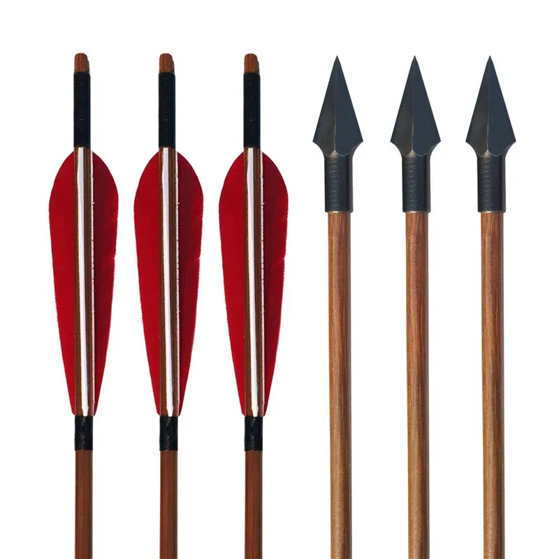 6pcs Archery Bamboo Arrows Handmade 5" Turkey Feather With Hunting Broadhead Bamboo Arrow Outdoor Hunting Shooting Accessories