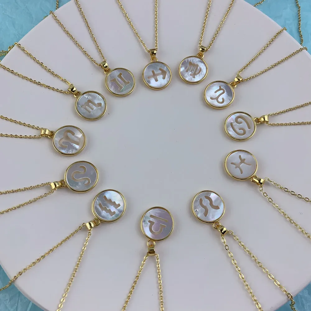 12 Constellation Zodiac Choker Necklace Round For Women Mother of Pearl Shell Pendant Neck Chain Girl Birthday Gift Jewelry