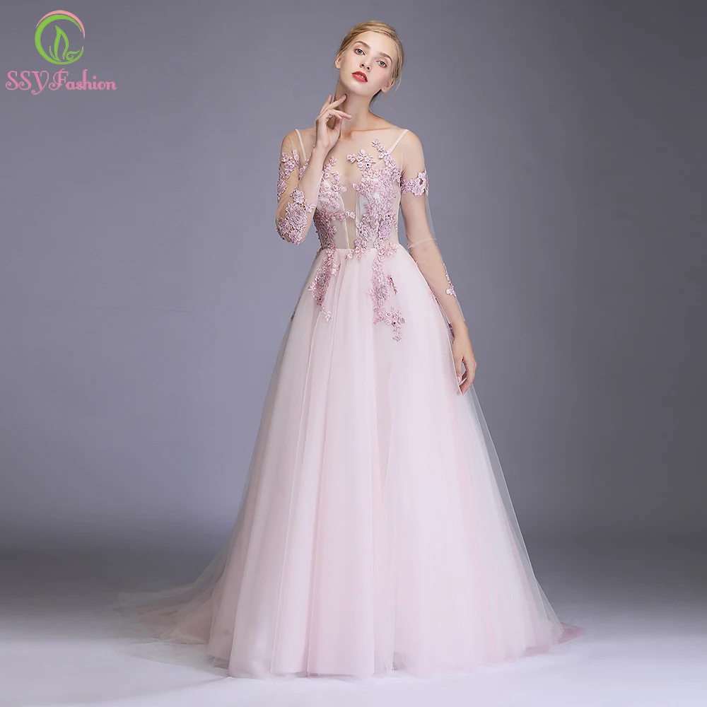 SSYFashion/Новинка 2019 года розовое вечернее платье романтичное милое кружевное с