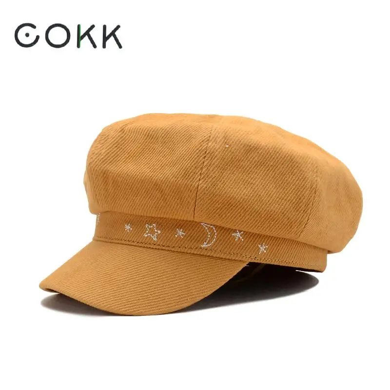 

COKK 2019 New Womens Hat Newsboy Cap Cotton Octagonal Hat Star Moon Pattern Fashion Winter Hats Women Retro Cap Female
