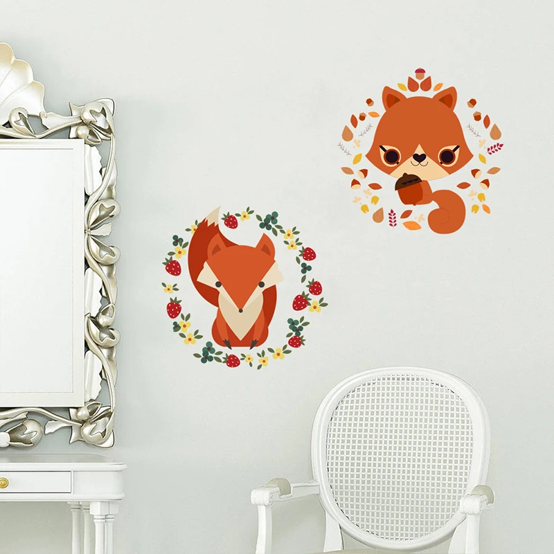 Forest Animals Squirrel Fox Wall Stickers Children Room Decor Refrigerator Window Glass Flower Pvc Decals Christmas Decorations