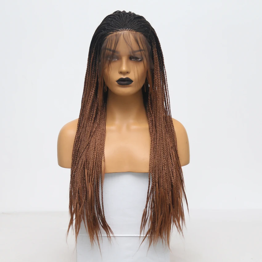 

RONGDUOYI Long Heat Resistant Hair Ombre Brown Braided 13x3 Lace Wig Two Tone Ash Blonde Synthetic Lace Front Wigs for Women