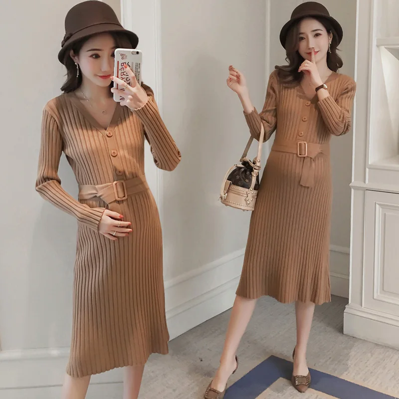 

Winter Maternity New V-Neck Lactation Knitting Dress Solid Color Pregnant Women Button Fly Breastfeeding Dress With Belt Nursing