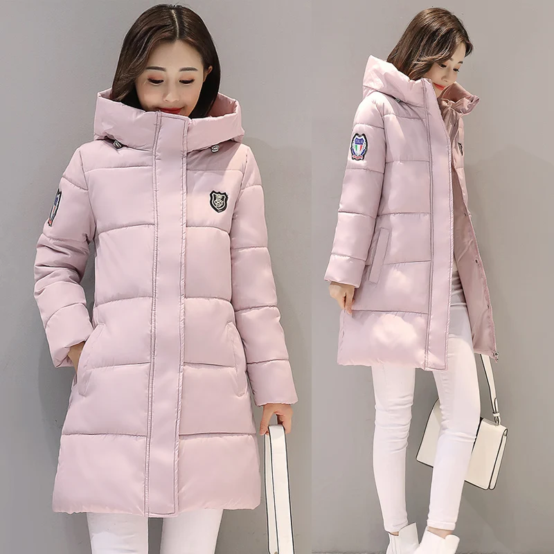 Зимние женские куртки, длинные, теплые, уплотненные, с хлопковой подкладкой, с капюшоном, пуховики, женский топ, зимняя одежда, пальто на молнии, одноцветные, бу - Цвет: Skin pink