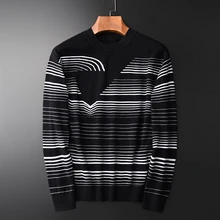 Minglu Autumn Men Sweater Luxury Round Collar Stripe Knitting Pullover Sweter Men Fashion Casual Slim Fit Mens Sweater 4XL