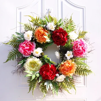 

Wealthy Peony Wreath Artificial Plants Home Hanging Wall Decoration Door Garland 60cm Large Craft Fleur Artificielle Xmas Gift